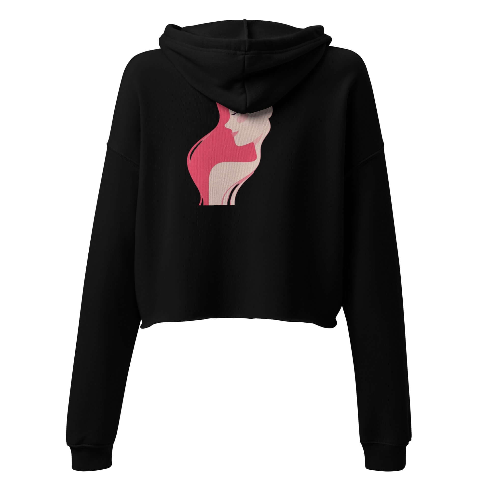 Clotho Empire Crop Hoodie featuring elegant woman silhouette design on the back, perfect for confident, ambitious women.