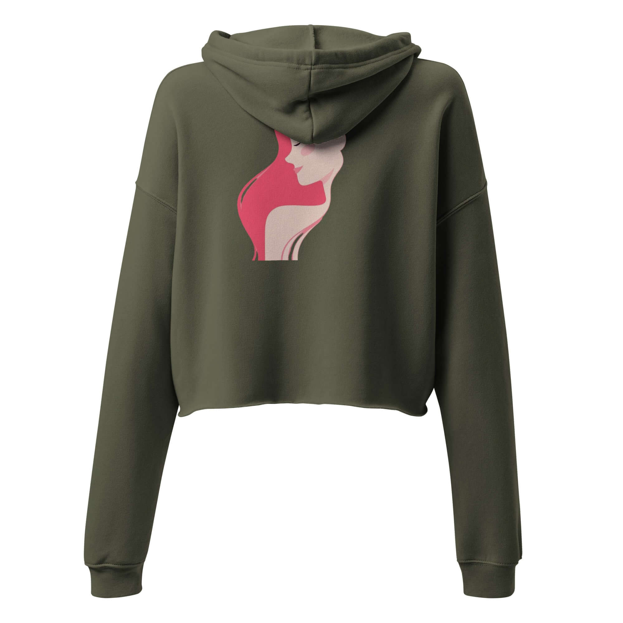 Clotho Empire Crop Hoodie in olive green with unique pink graphic design on the back.