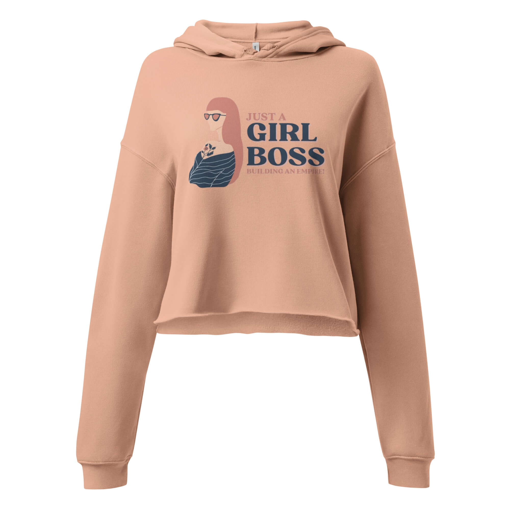 Clotho Empire Crop Hoodie in blush with graphic saying 'Just a Girl Boss Building Her Empire'.