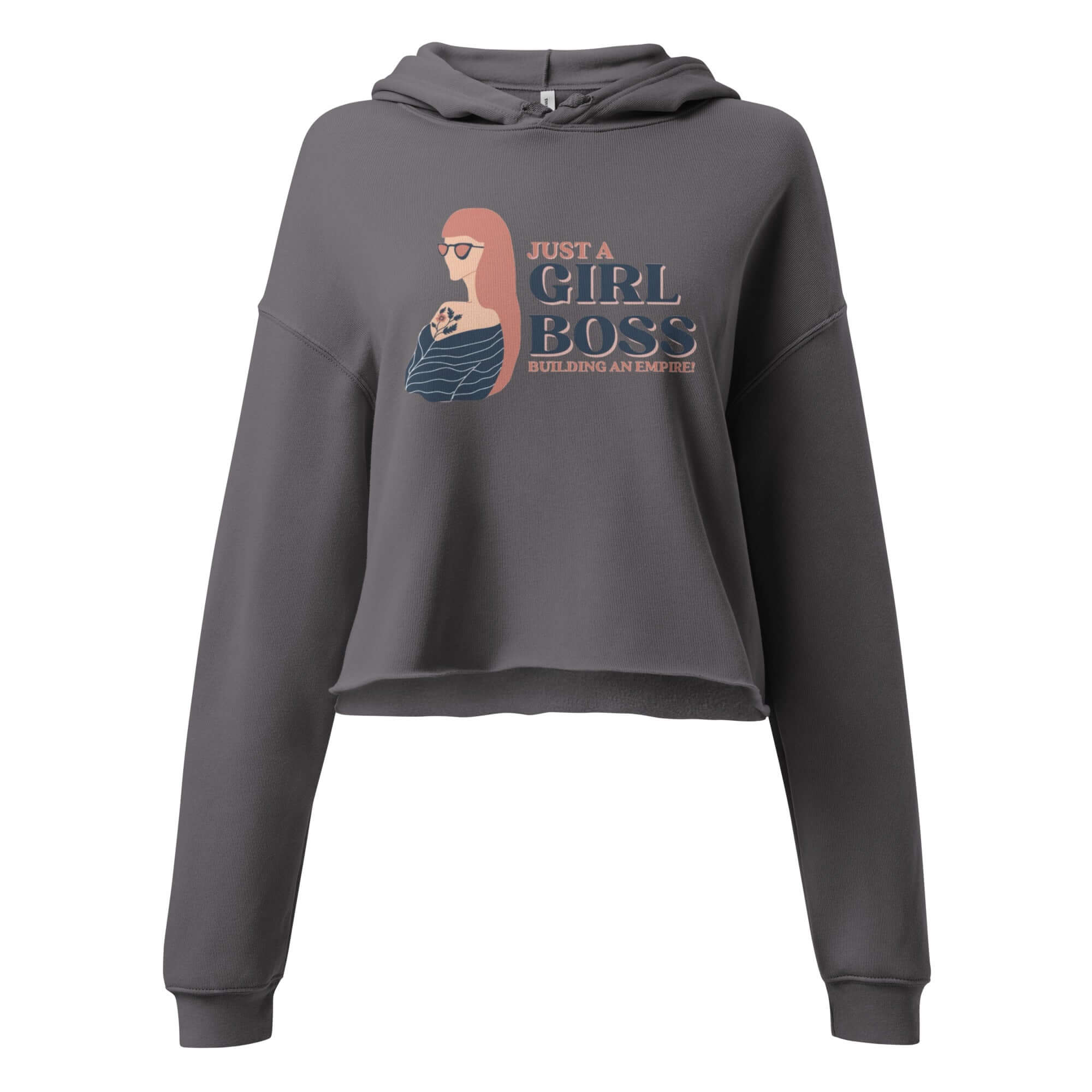 Clotho Empire Crop Hoodie featuring a design that says 'Just a Girl Boss Building Her Empire' in a stylish gray color.
